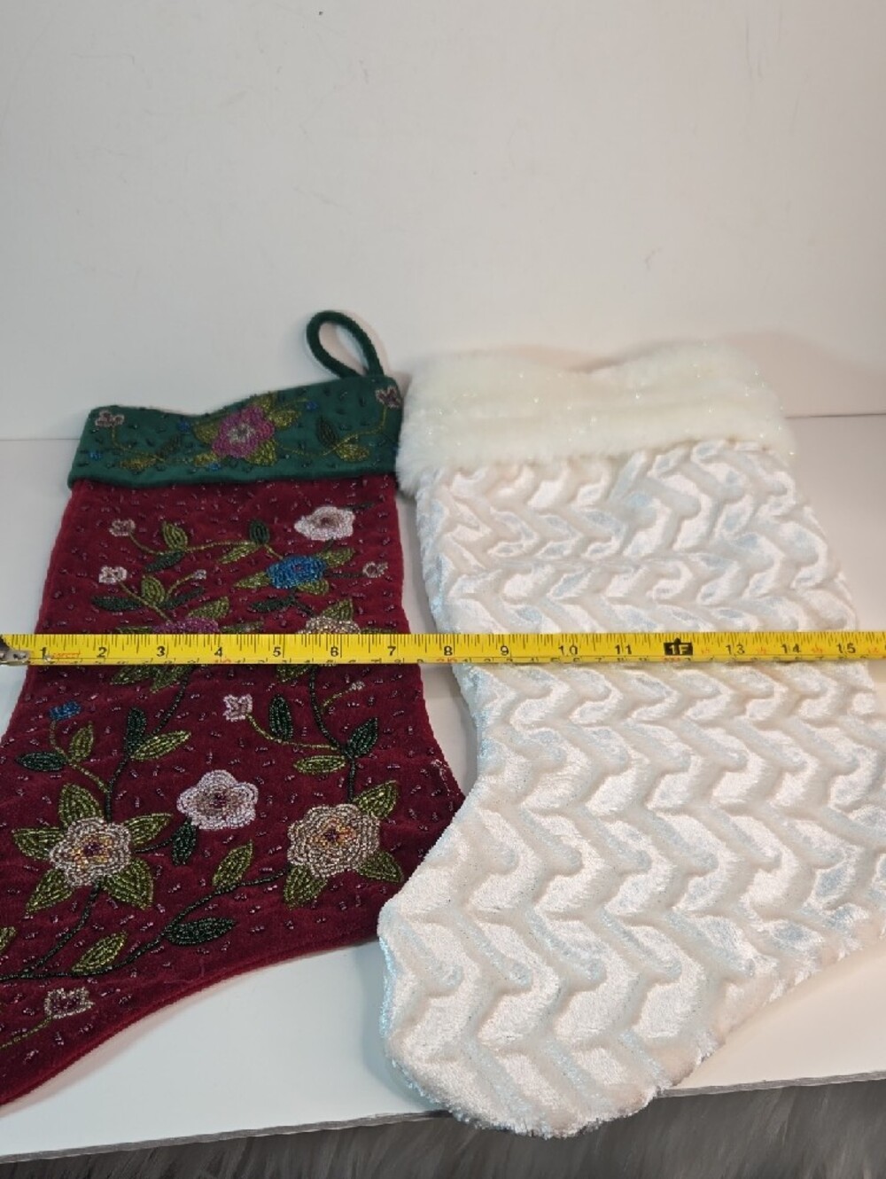 Christmas Stockings Set Glam Burgundy Green Beaded & White Fuzzy Sparkly Large - Picture 12 of 12